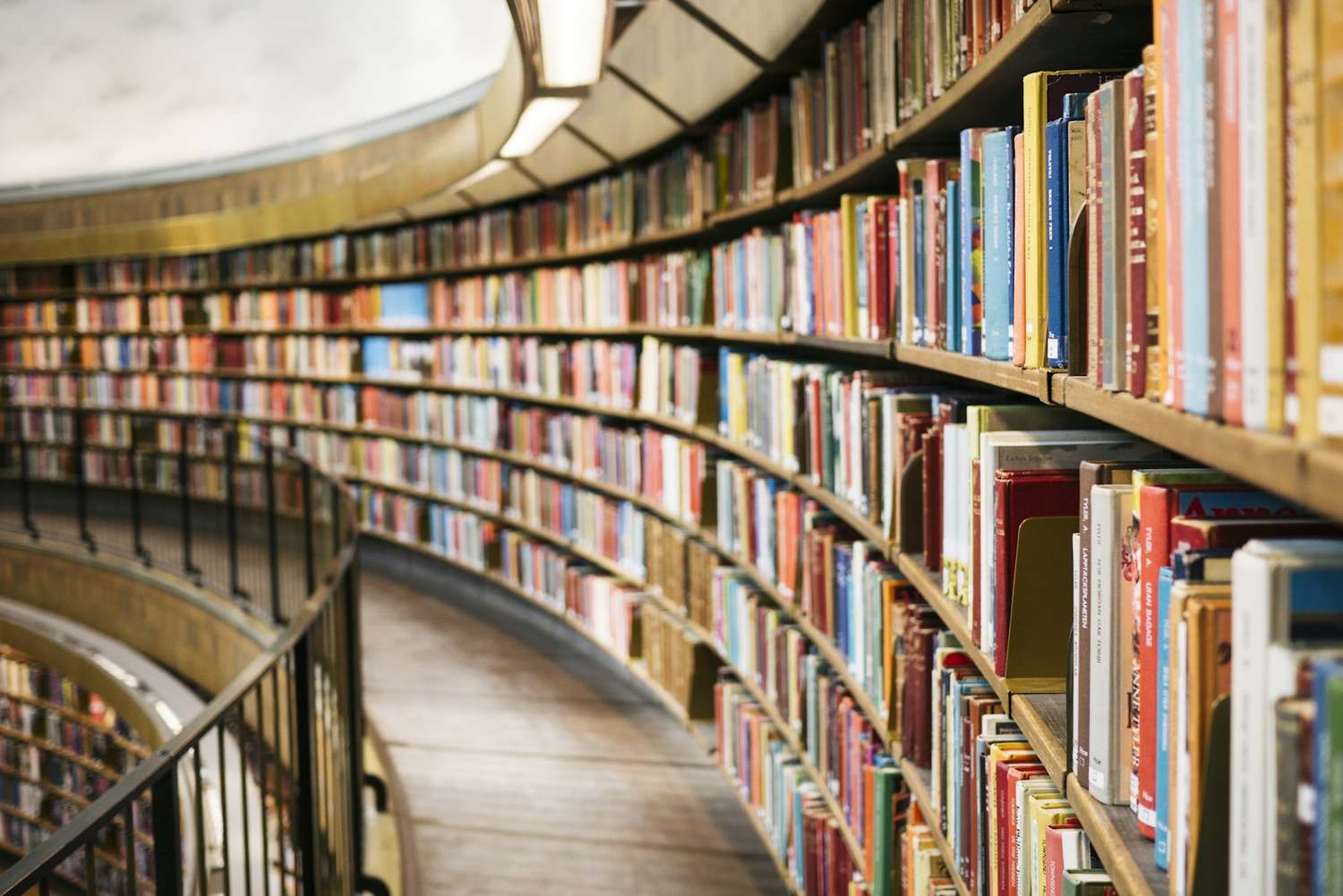 Scaffali curvi di una biblioteca pieni di volumi ordinati